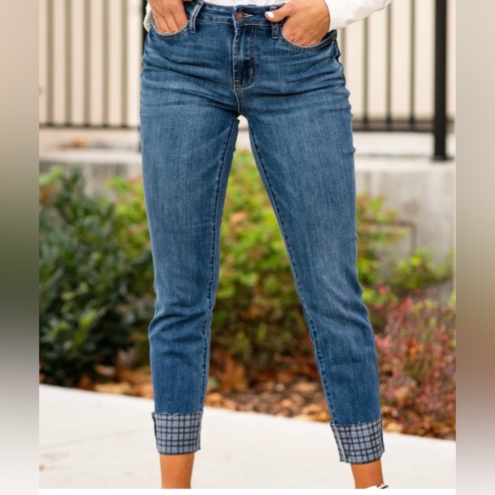 Judy Blue Plaid Cuff Mid Rise Slim Fit Distressed Denim Jeans Size‎ 5/27